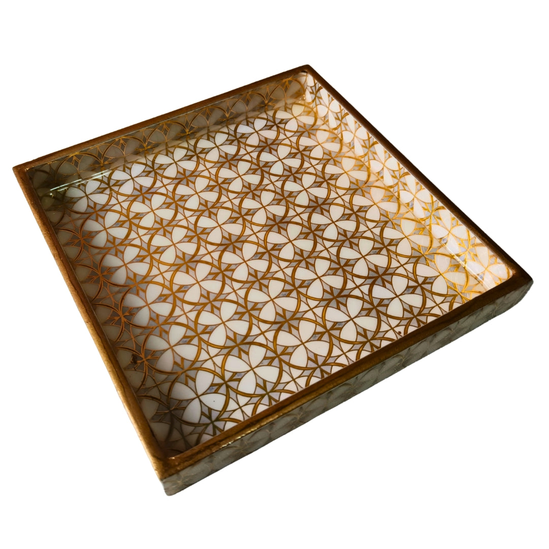 wooden water resistant white gold abstract print & enamelled Bathroom Set of 4