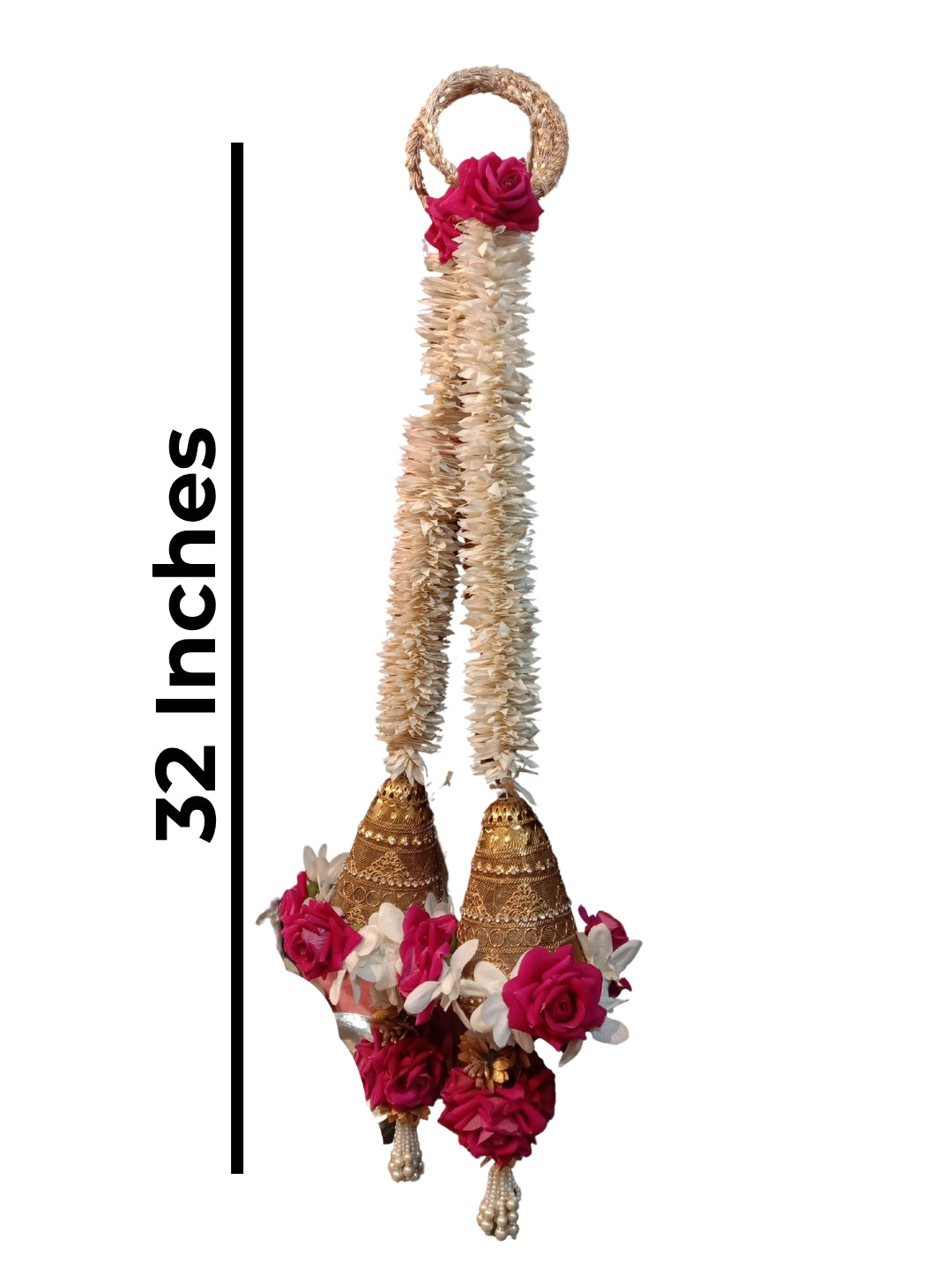 Artificial gajra with metal cone and pink rose sidehanging set of 2 - Small