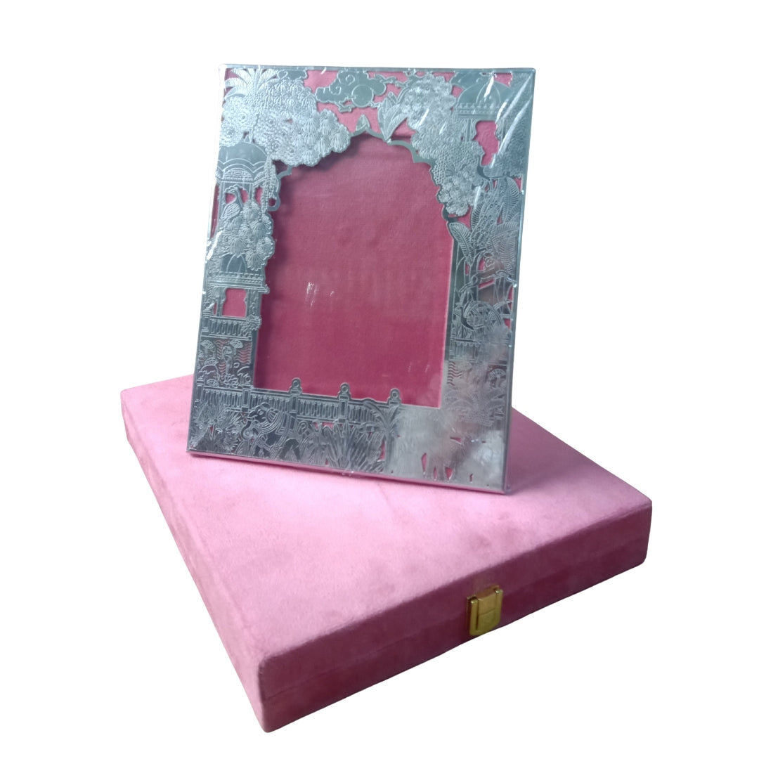 Silver Plated Ornate Designer Photo Frame with Pink Velvet Gift Box