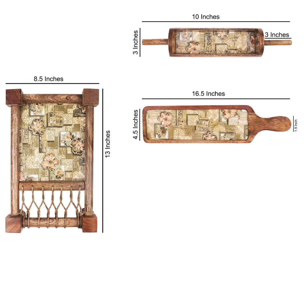 Green mughal print & enameled Wooden Khatiya Platter Set of 3 - khatiya platter , belan platter , bat platter