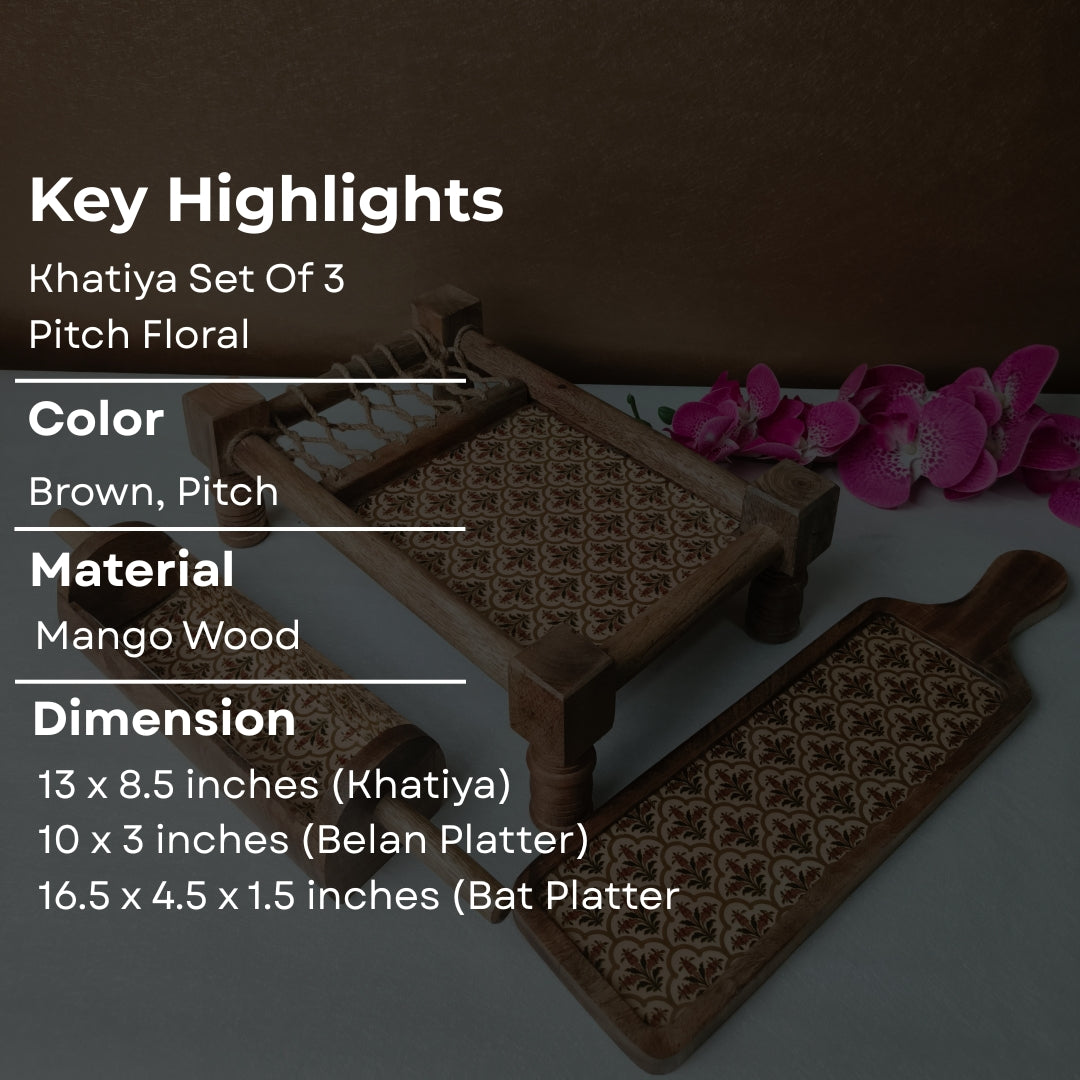 peach mughal print & enameled Wooden Khatiya Platter Set of 3 - khatiya platter , belan platter , bat platter