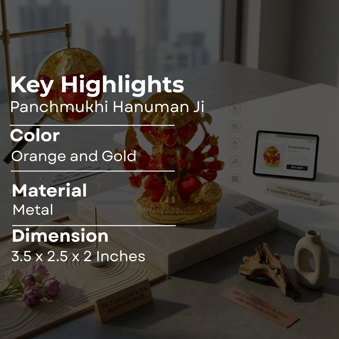 The Home CO-24K Gold Plated Panchmukhi Hanuman Fibre Idol | Orange Enamel Five-Faced Hanumanji Murti