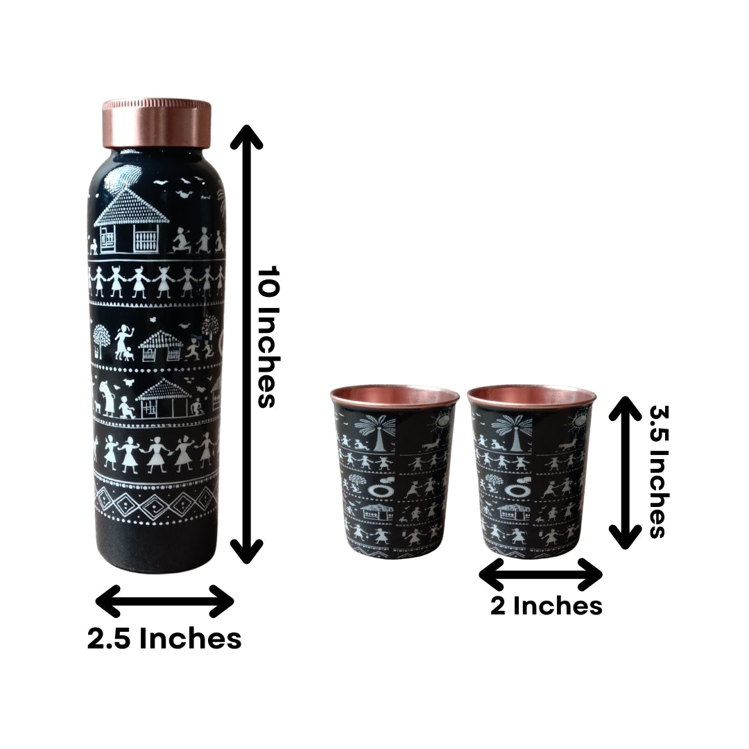 Handcrafted Copper Bottle and 2 Glass Set with Enamel Warli Print