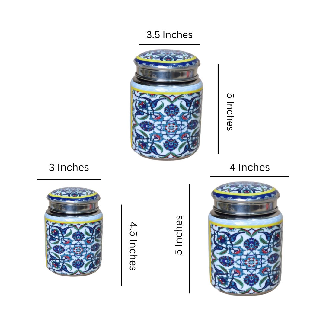 Stainless Steel Blue Abstract Printed Enamel Jar Set Of 3