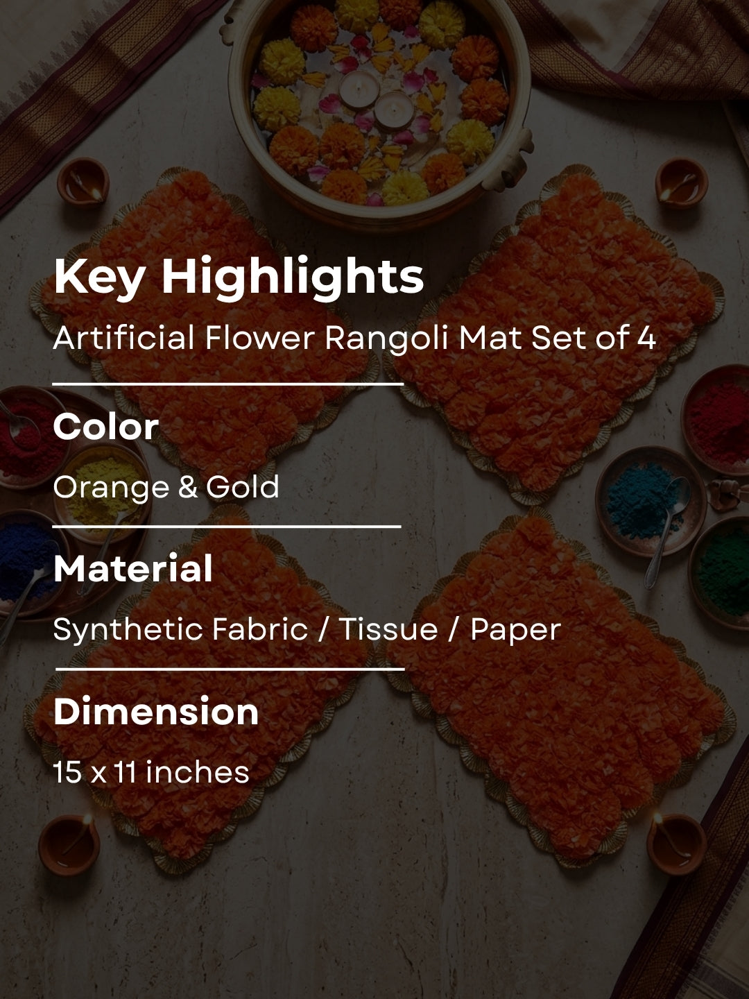 Artifical Orange marigold Mats / rangolis - Rectangle Set of 4