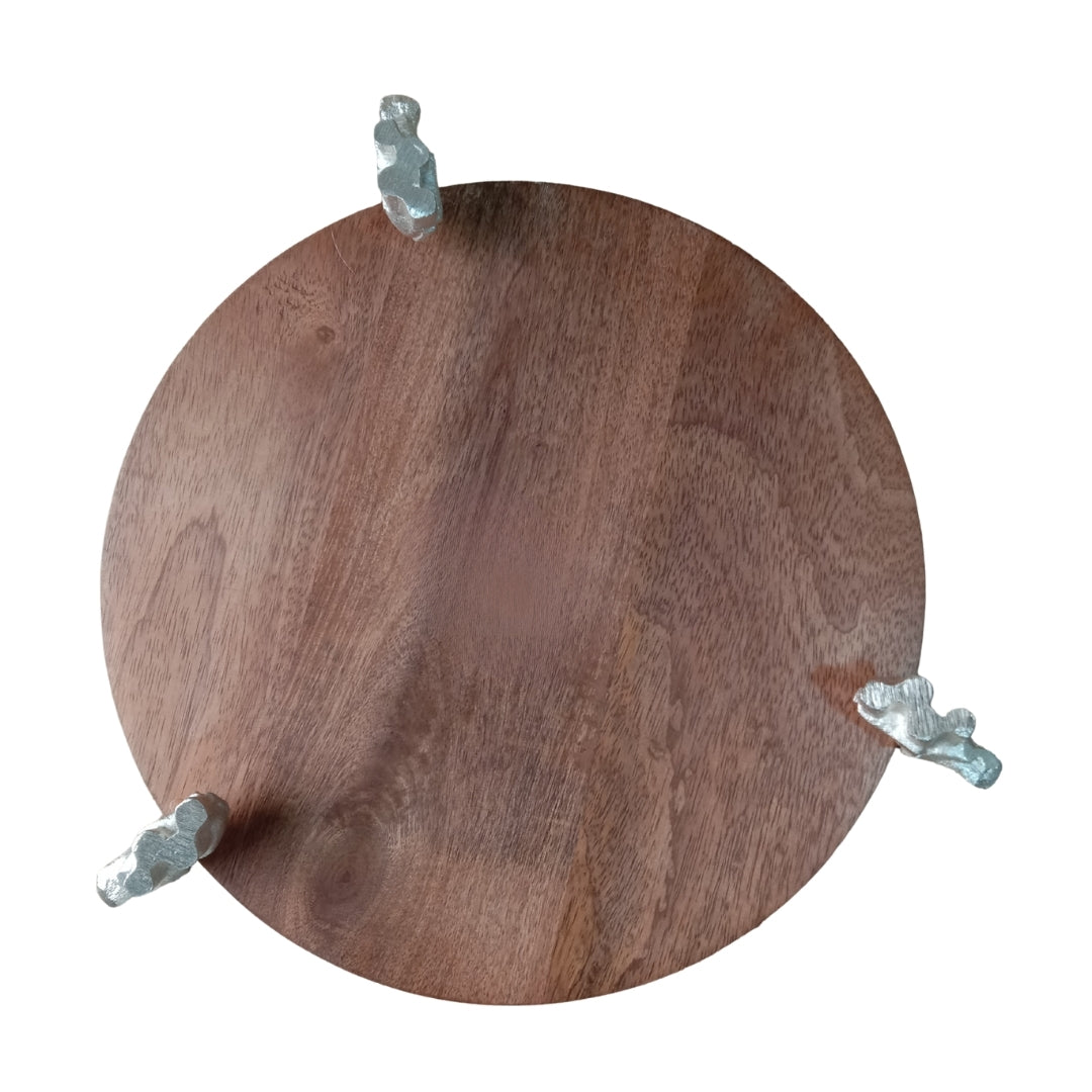 Wooden Round Serving Tray with Silver Elephant Feet