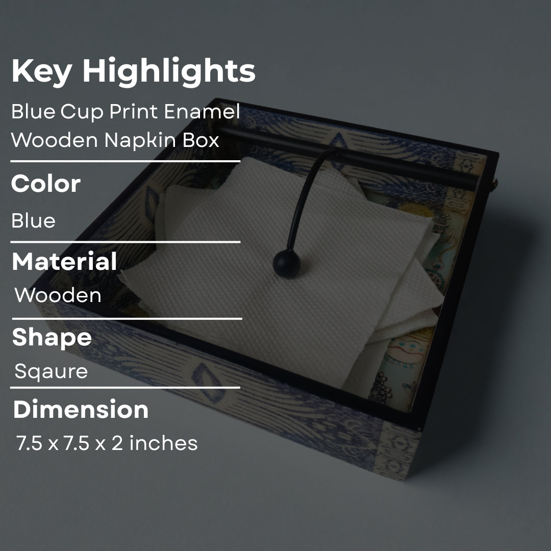 Square tissueholder - Wooden Blue Cup Design Print & Enamel