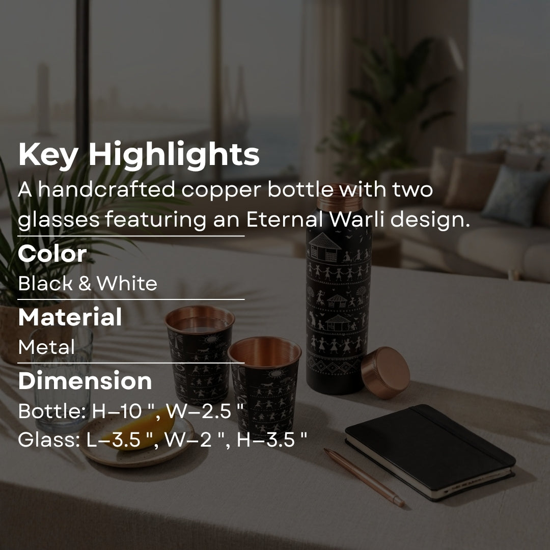 Handcrafted Copper Bottle and 2 Glass Set with Enamel Warli Print