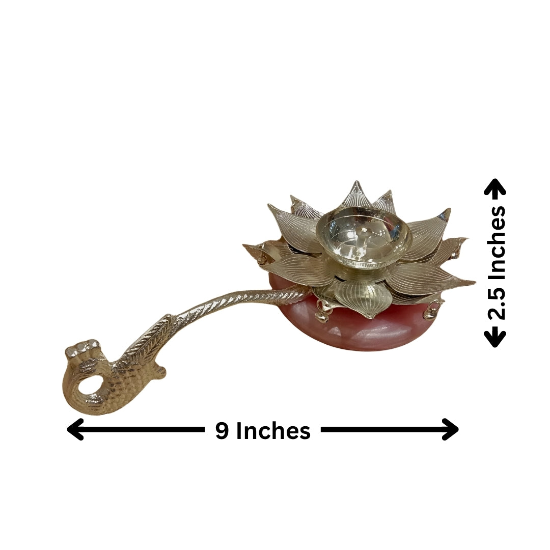 Luxury Silver Plated Lotus Diya with Peacock Handle & Pink Quartz Base