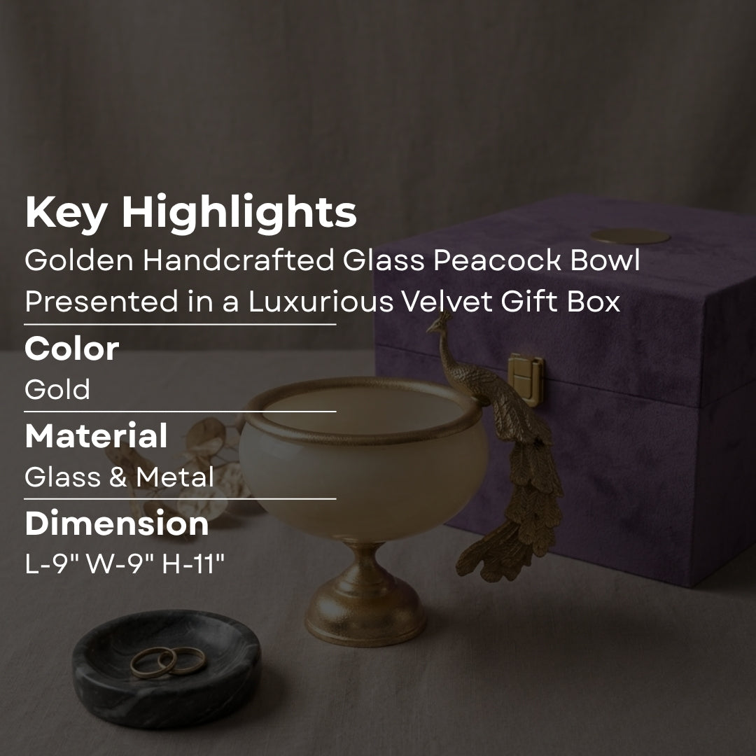 Handcrafted Glass Peacock Bowl with Premium Velvet Gift Box (Silver/Gold Trim)