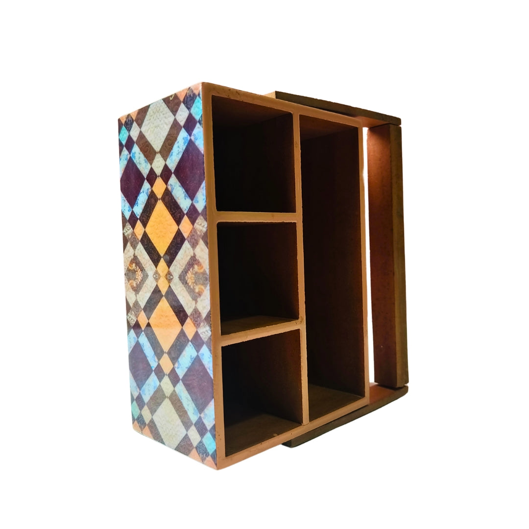Caddy With Handle - Wooden 4 Partition Blue & Brown Diamond Print With Enamel