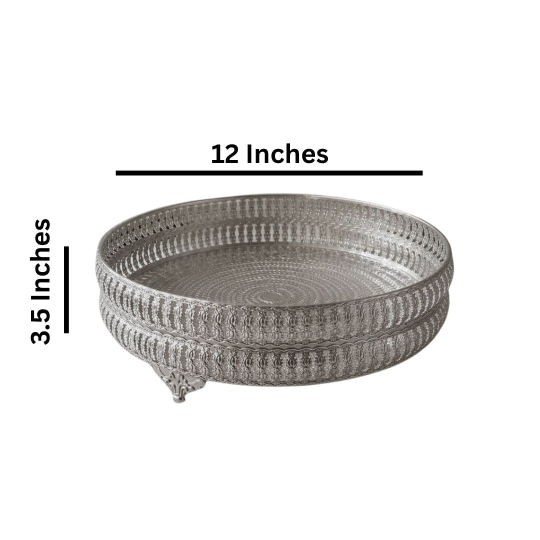 Decorative Silver Round Filigree Tray with Beaded Edges and Ornate Feet