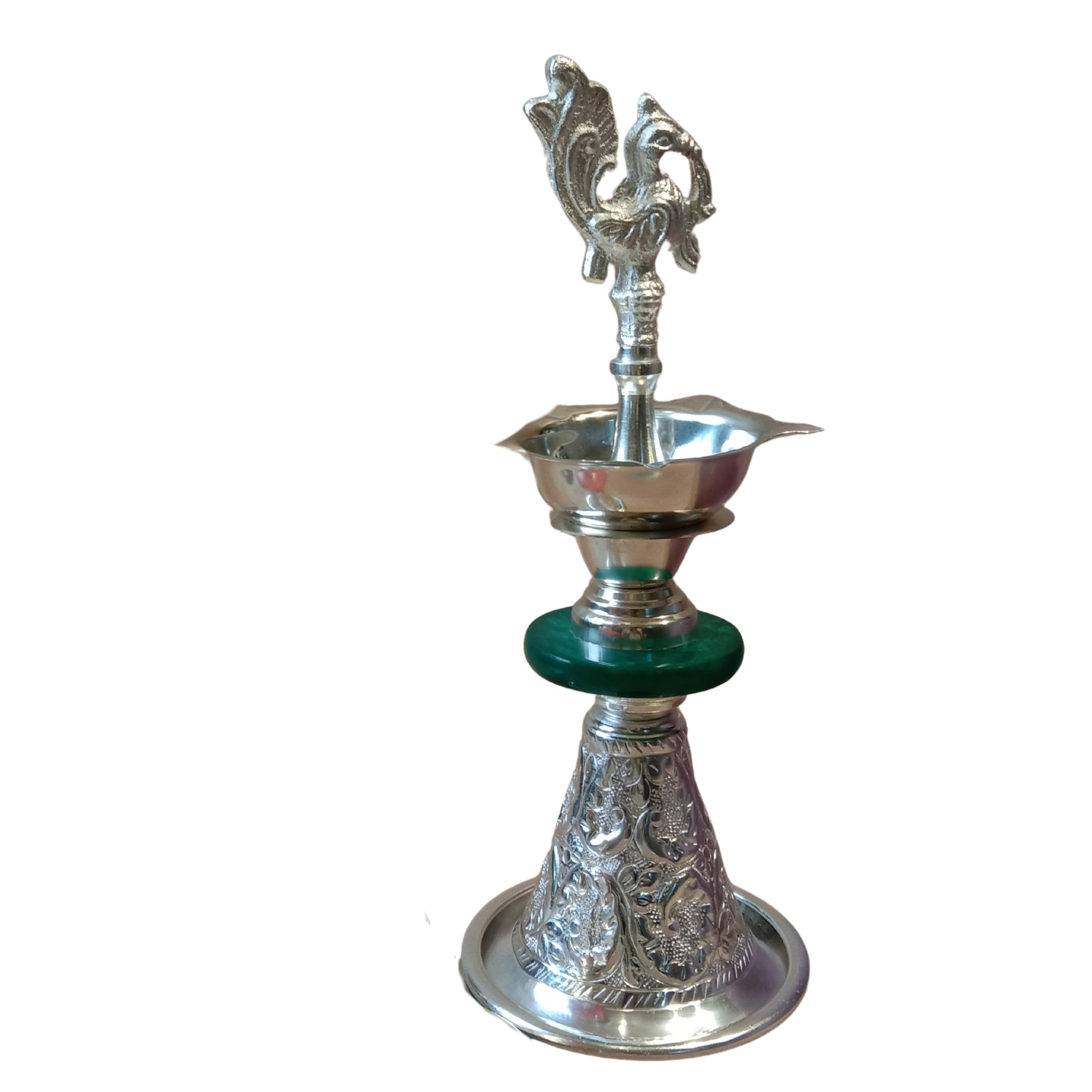 Silver-Plated Peacock Diya with Velvet Gift Boxe- Green SINGLE PC