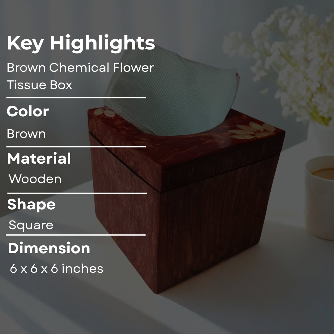 Square Tissue Box - Wooden with Resin Floral Design