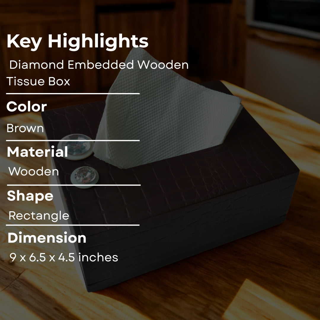Tissue Box - Wooden Walnut Finish With Diamond Stone