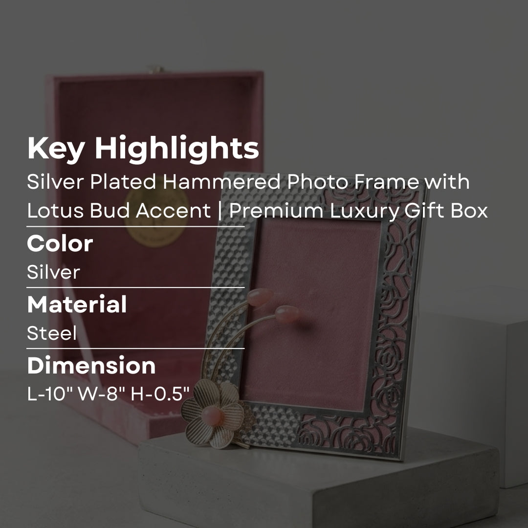 Silver Plated Hammered Photo Frame with Lotus Bud Accent | Premium Luxury Gift Box