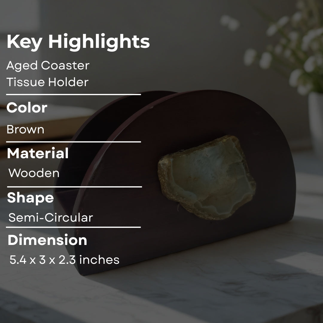 Tissue Holder - Wooden D Shape Walnut Finish With Agate Stone