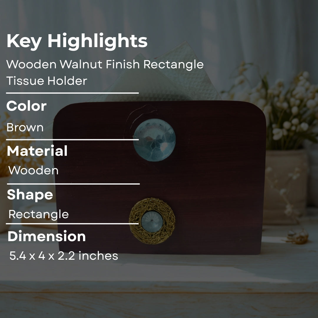Tissue Holder - Wooden Rectangle Shape Walnut Finish With Diamond Stone