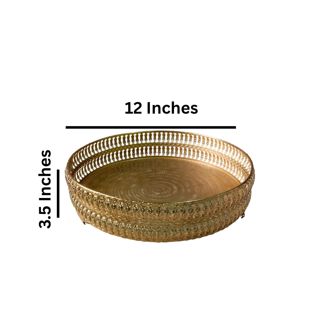 Decorative Gold Round Filigree Tray with Beaded Edges and Ornate Feet