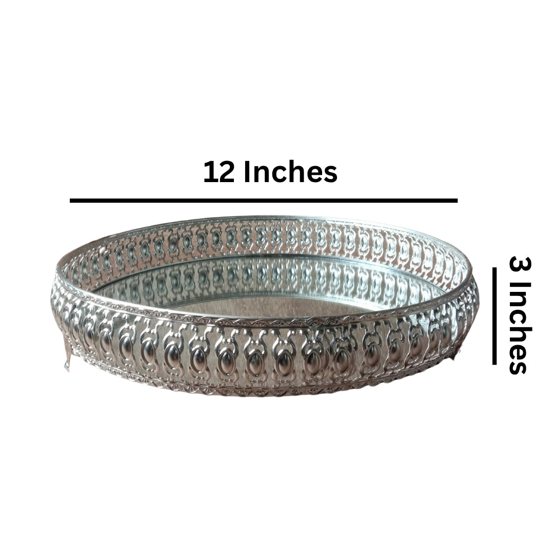 Decorative Silver Filigree Mirrored Tray with Feet