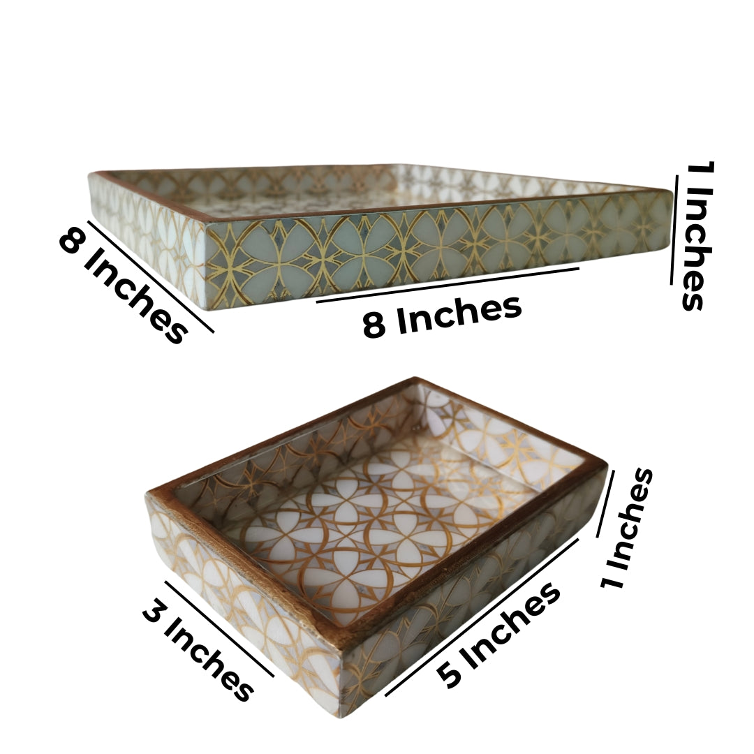 wooden water resistant white gold abstract print & enamelled Bathroom Set of 4