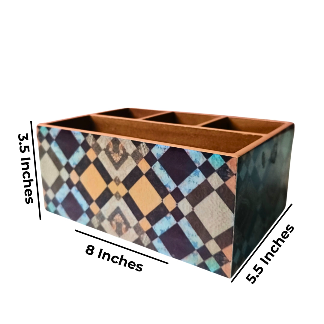 Caddy - Wooden 4 Partition Blue & Brown Diamond Print With Enamel
