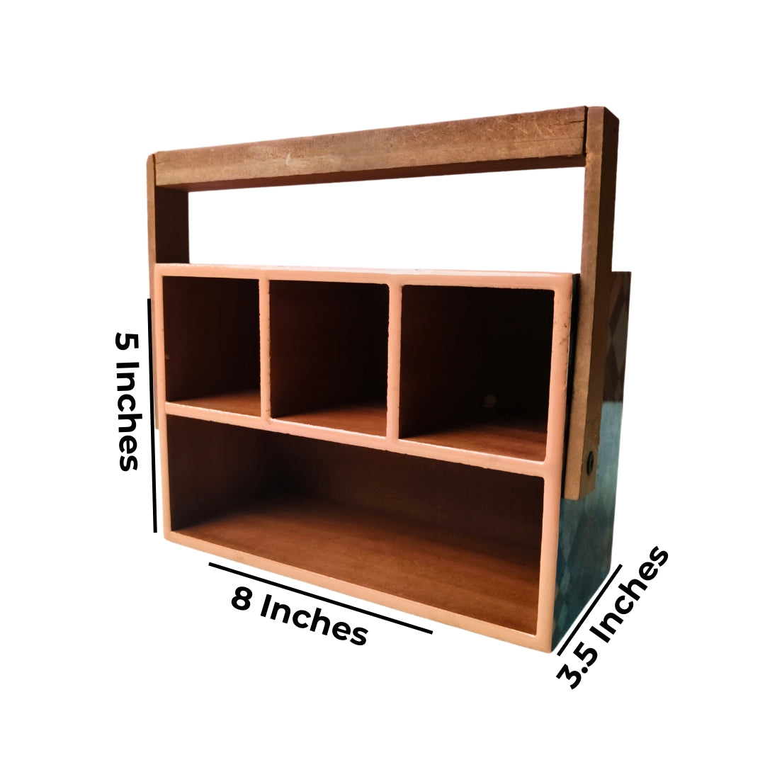 Caddy With Handle - Wooden 4 Partition Blue & Brown Diamond Print With Enamel