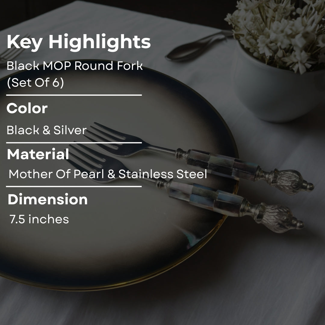 Cutlery Set Of 6 - Black Mother Of Pearl With Silver Knob Table Fork