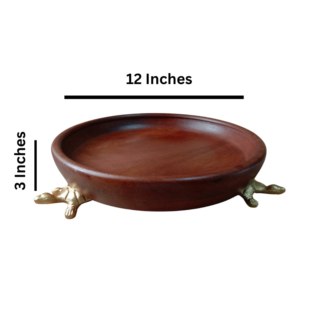 Dark Wood Round Serving Bowl with Gold Turtle Feet Stand