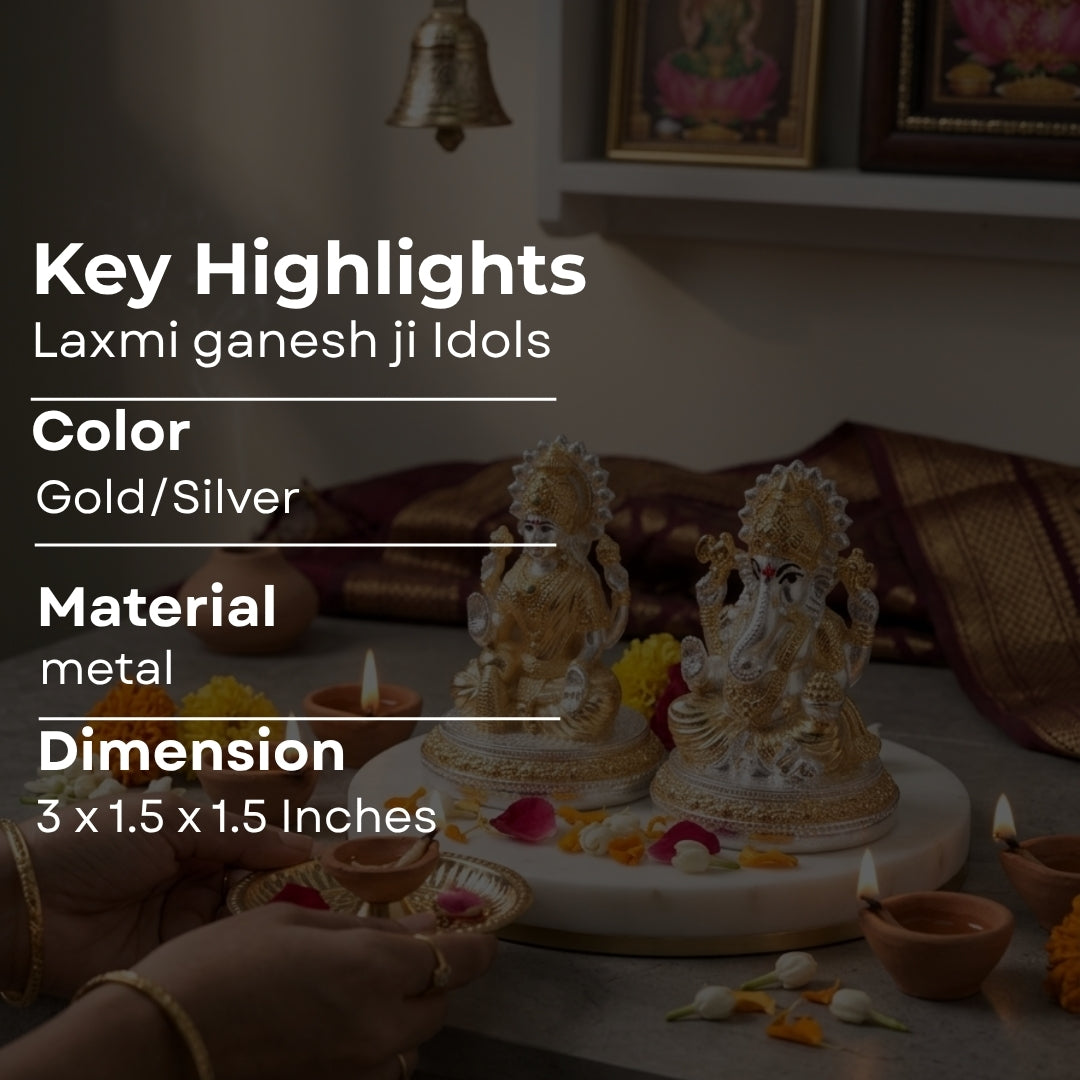 The Home Co- 999 Pure Silver & 24K Gold Plated Lakshmi & Ganesha Fiber Idols(small gold & silver)(small)