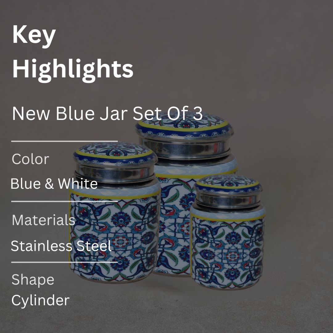 Stainless Steel Blue Abstract Printed Enamel Jar Set Of 3