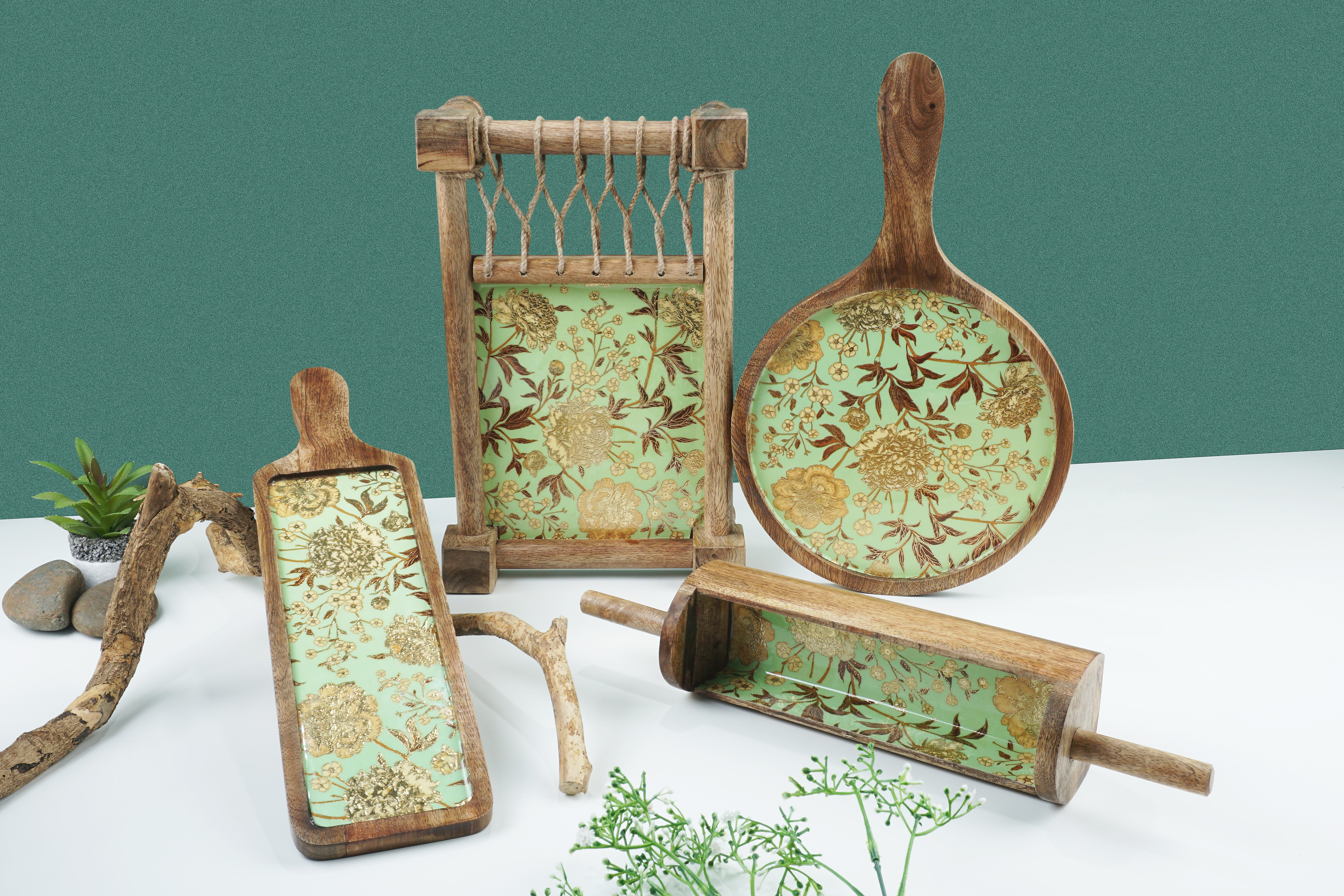 Green Flower Print & Enameled Wooden Khatiya Platter Set of 4