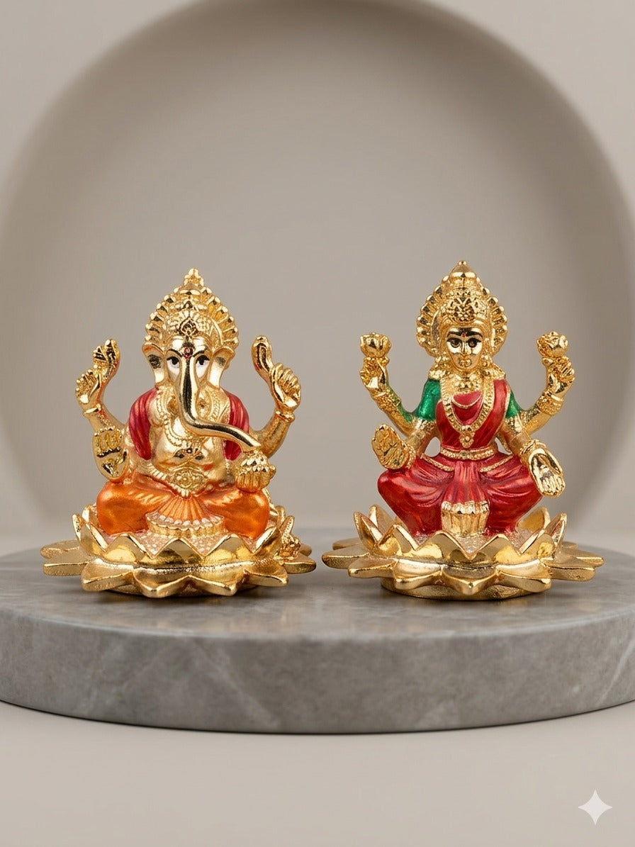 Divine Lakshmi Ganesha Idol Set – 24K Gold-Plated Laxmi Ganesh Murti on Lotus Base for Diwali Pooja, Home Mandir & Wealth Prosperity (Pair of 2, Gold & Meenakari Finish)