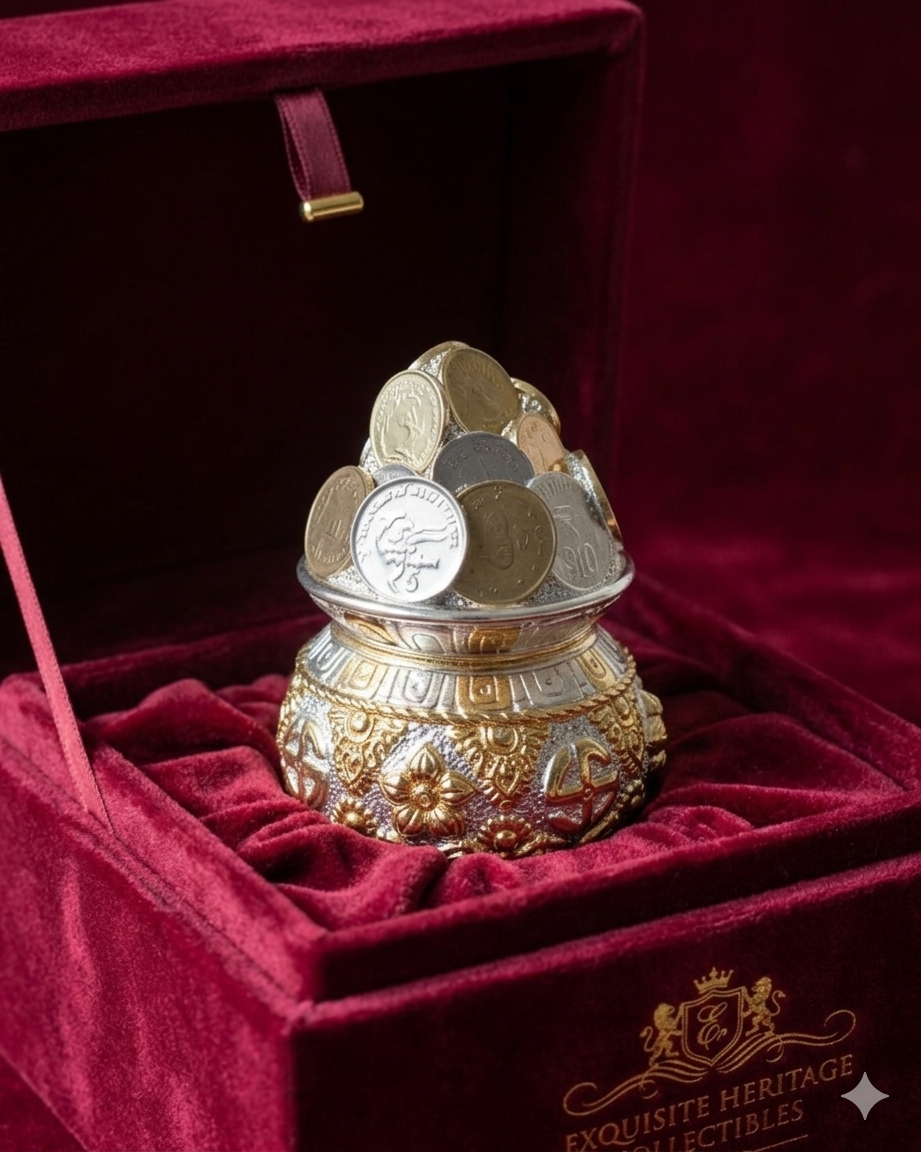 The Home Co- 999 Pure Silver Plated & 24K Gold Plated Wealth Kalash Sacred 5 Inch Abundance Idol