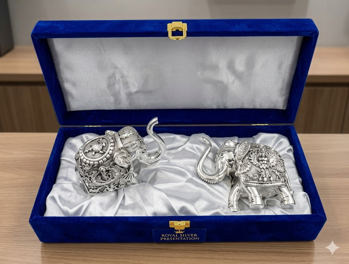 The Home Co- 999 Pure Silver Plated The Regal Duo Majestic Gajant laxmi Elephant Set 5"-set of 2