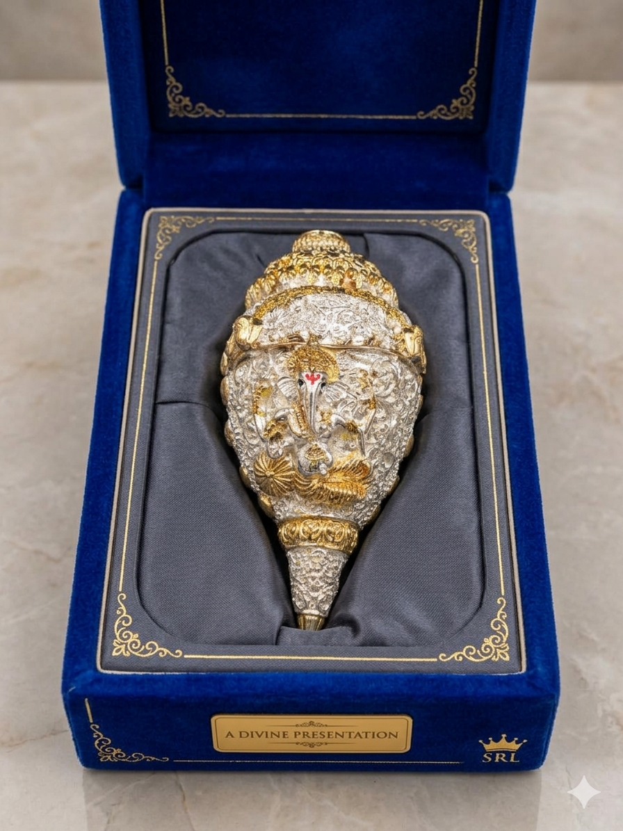 The Home Co- 999 Pure Silver Plated & 24K Gold Plated Ganesh Shankh Sacred 5 Inch Dual-Tone Conch Shell