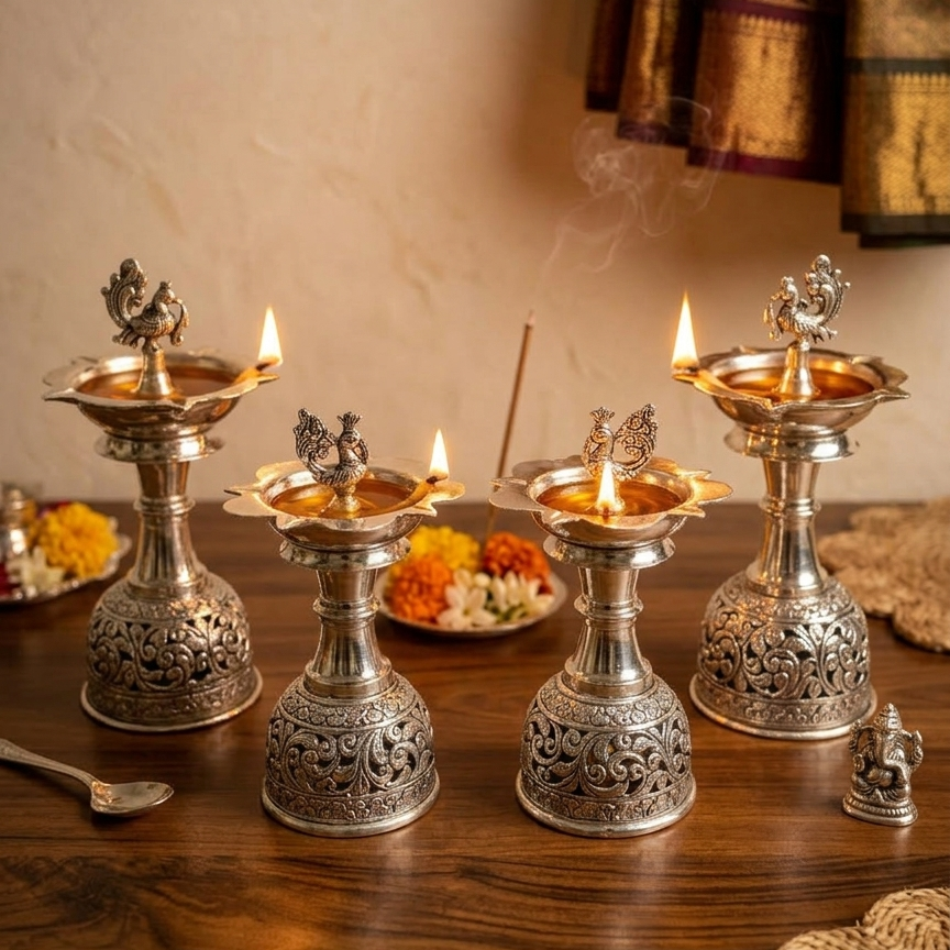 Silver Plated Hand Carving Samai Diya