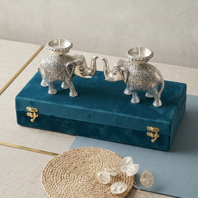 Silver Plated aet of 2 Elephant Tealight Holder on Top