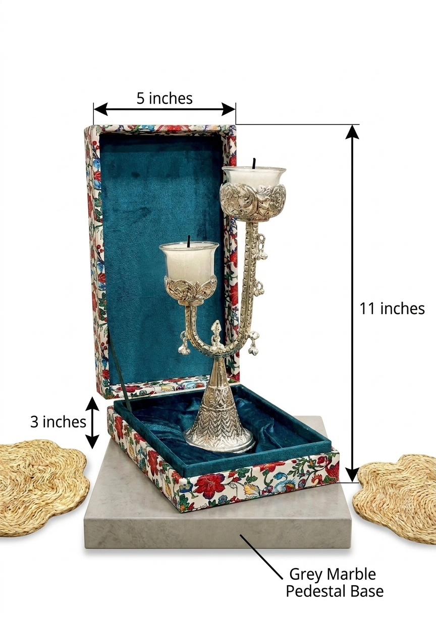 Silver Plated Carving Work CANDLE STAND with glass candles