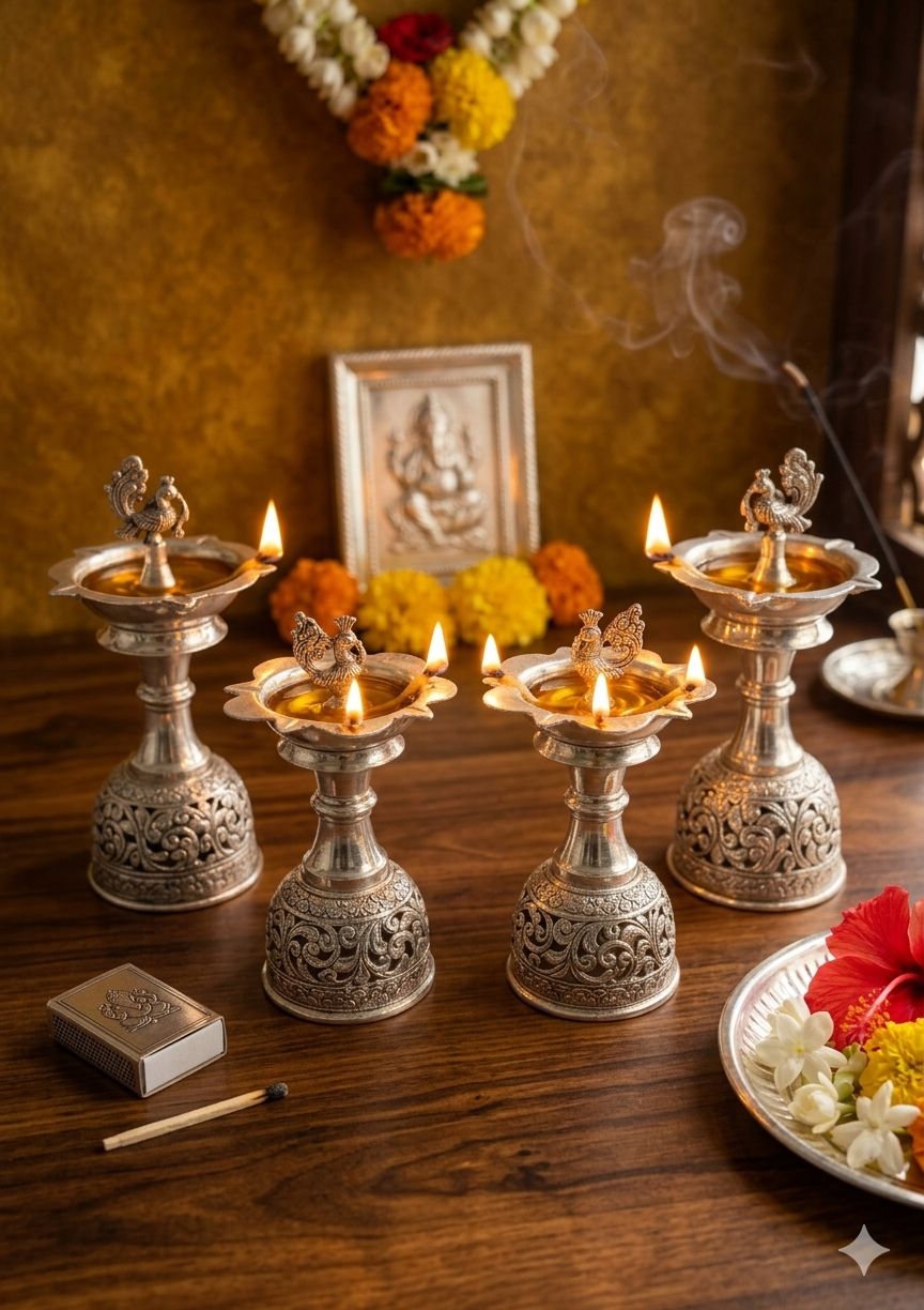 Silver Plated Hand Carving diya set of 2