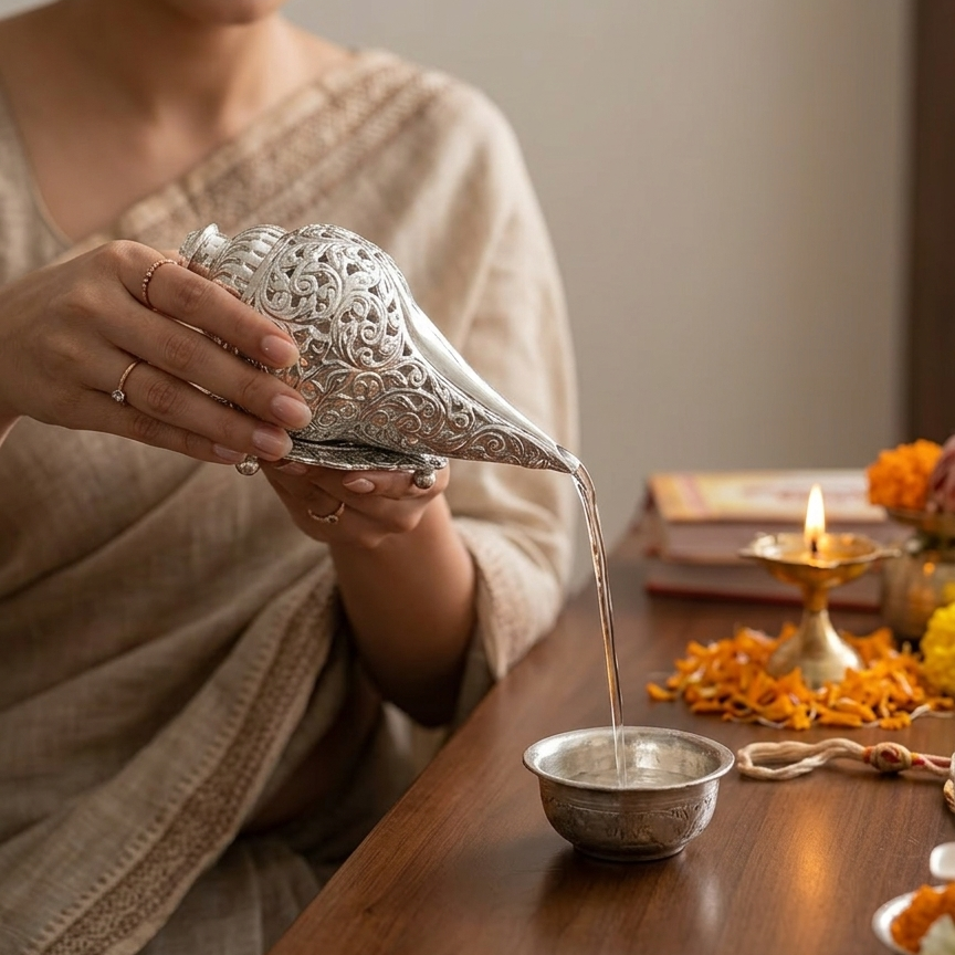 Silver Plated Carving Work SHANKH with STAND