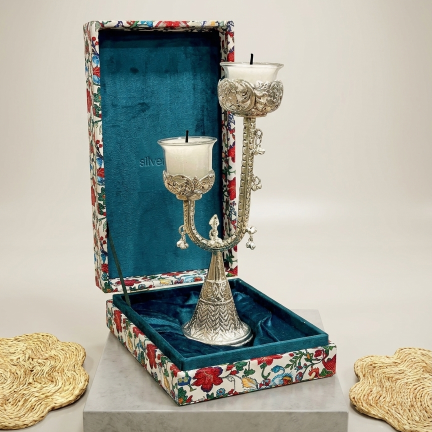Silver Plated Carving Work CANDLE STAND with glass candles