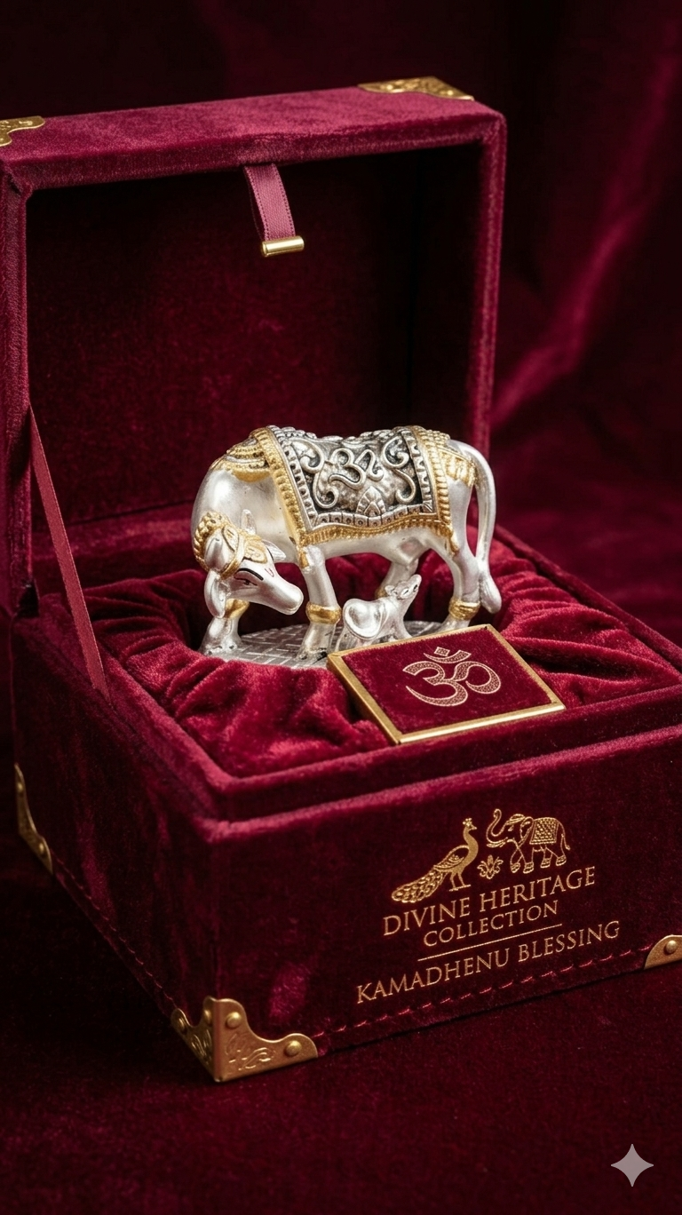 The Home Co- 999 Pure Silver Plated & 24K Gold Plated Kamdhenu Divine Cow and Calf Idol