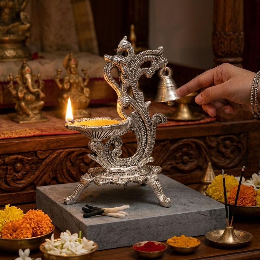 Silver Plated Peacock Shape Diya with Hanging Bell