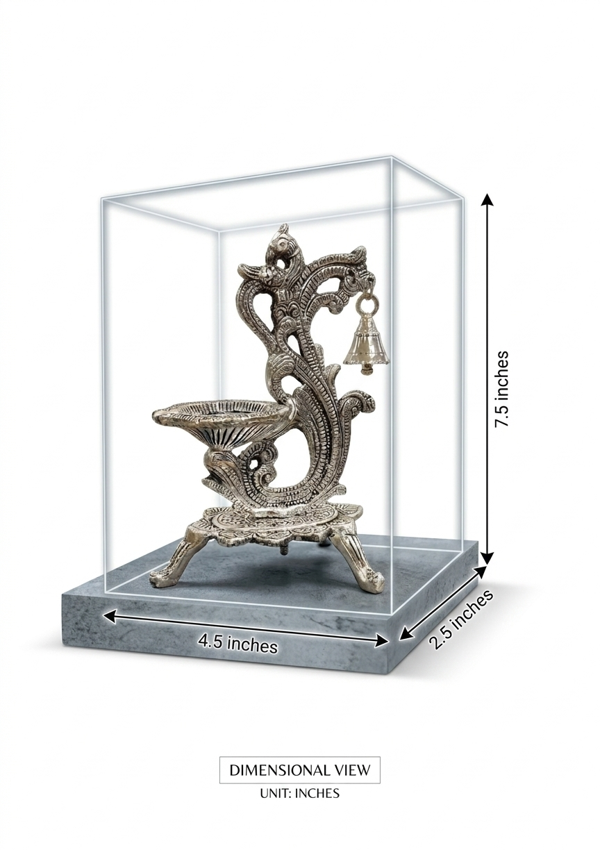 Silver Plated Peacock Shape Diya with Hanging Bell