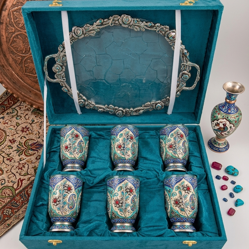 Silver Plated 6 Glass and Tray set with Gift Box Packing