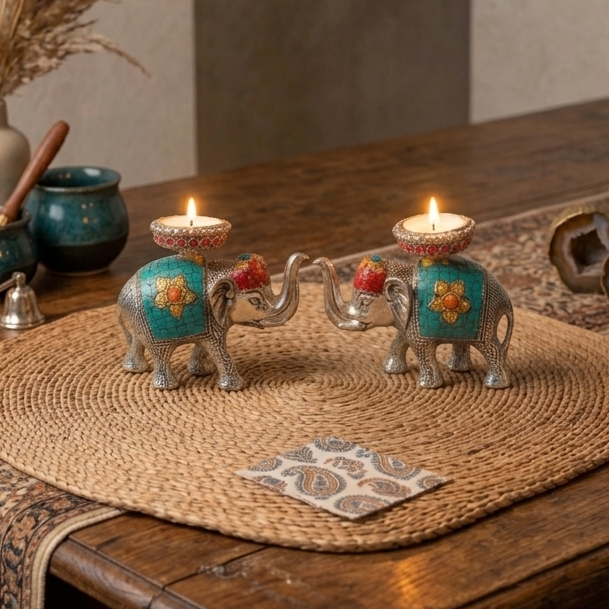 Silver Plated Elephant with stone work with Tealight Holder on Top