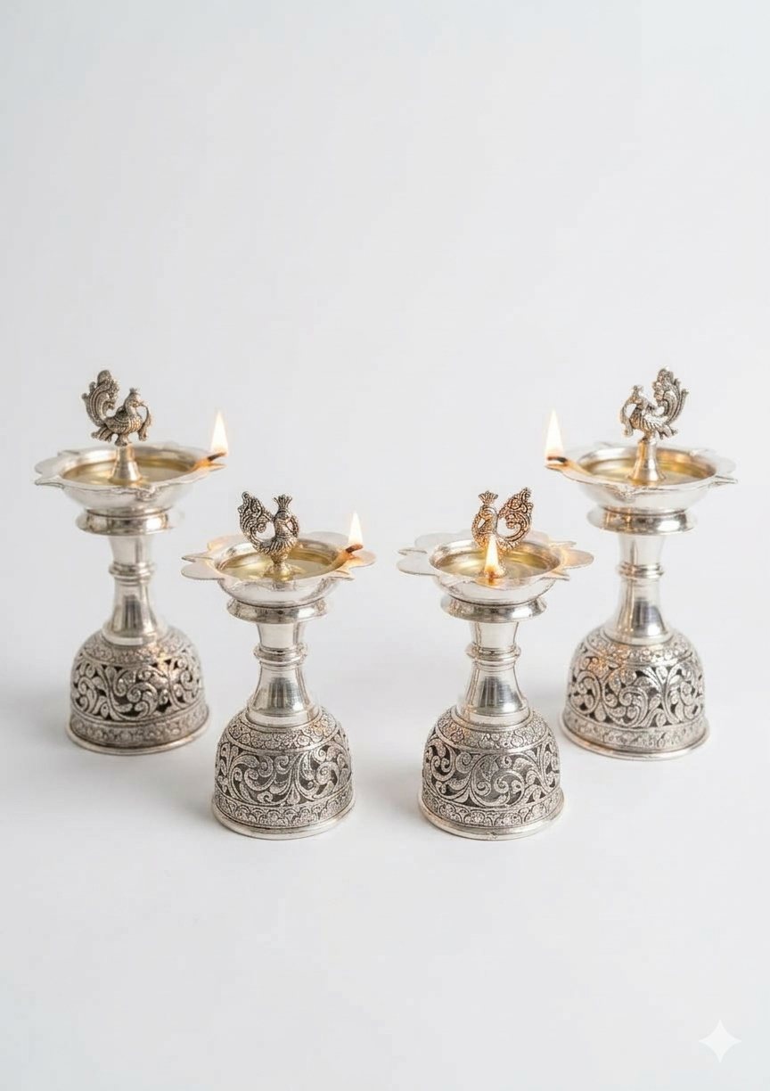Silver Plated Hand Carving diya set of 2