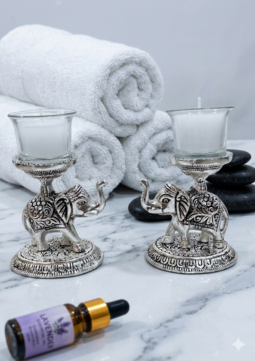 Silver Plated Elephant Shape Tea-Light Holder with Glass Tea-Light Candles