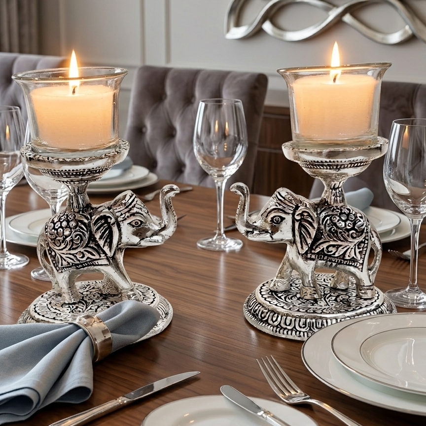 Silver Plated Elephant Shape Tea-Light Holder with Glass Tea-Light Candles